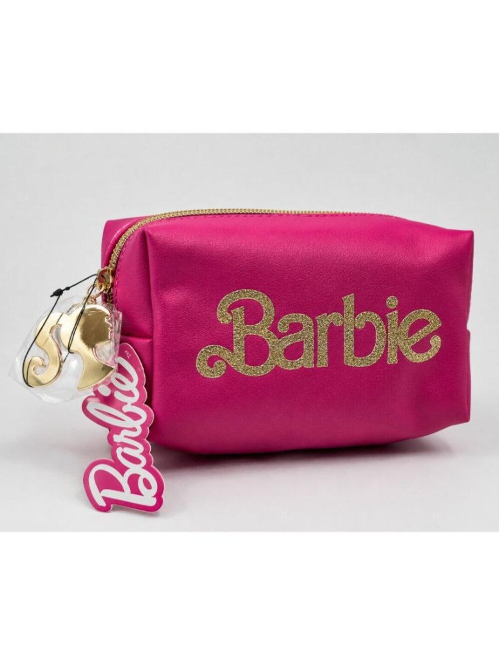NWT Barbie Cosmetic Makeup Bag Hot Pink Gold Glitter Logo Silhouette Charm 8x5x3